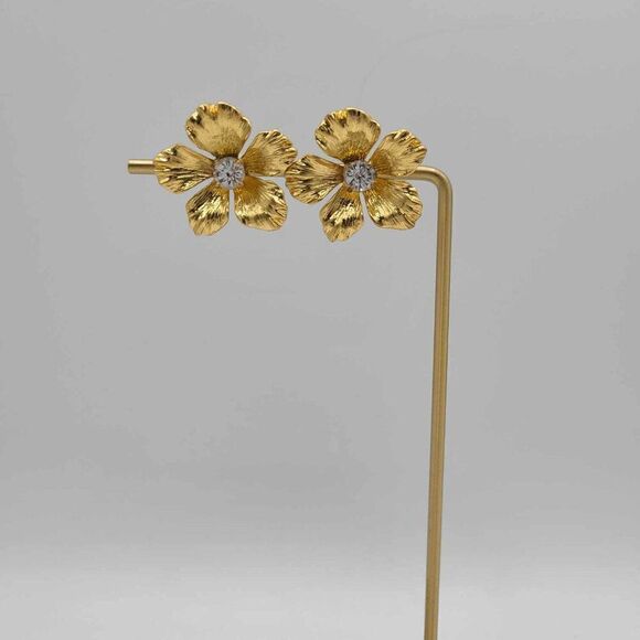 NWOT  J Crew Gold Flower Stud Earrings with Crystal Center - Picture 3 of 7